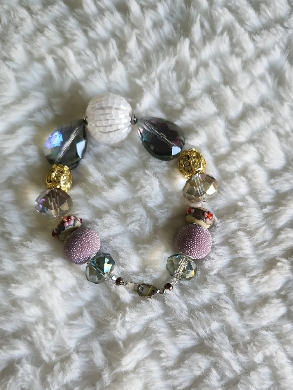 Boho Beaded Statement Bracelet - Pink, Lavender, Gold, Clear - Picture 3 of 6